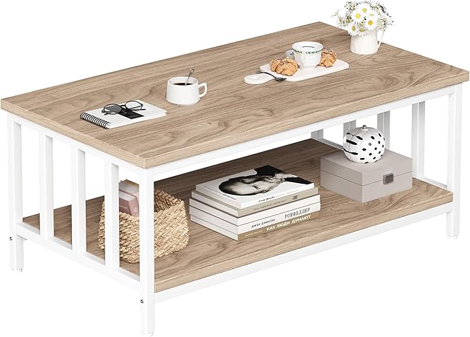 Coffee Table for Living Room with Slatted Sides Frame, Modern Farmhouse Living Room Table with 2-Tier Storage Shelf for Home Office, Apartment, 39 inch, Light Coffee