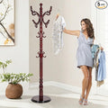 Coat Rack Stand, Solid Wooden Coat Tree with 14 Hooks, Heavy Duty Coat Rack Freestanding with Sturdy Round Base, Natural Birch Wood Coat Hanger Stand for Entryway Bedroom (Rosewood)