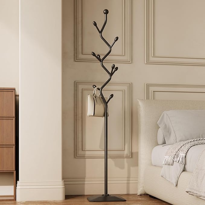 Tree-shaped coat rack stand,Metal coat tree with 8 Hooks and sturdy cast iron base,Heavy Duty coat rack freestanding coat hanger stand for Clothes Hats Scarfs Purses (black)
