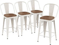 Yongqiang 26 inch Metal Bar Stools Set of 4 Farmhouse Kitchen Island Counter Height Bar Chairs High Back Barstools with Large Wooden Seat Cream White