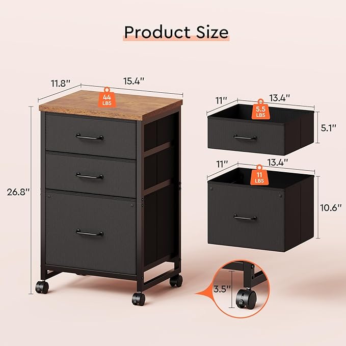 3 Drawer Mobile File Cabinet with Wheels Fabric Vertical Filing Cabinet fits A4 or Letter Size for Home Office,Rustic Brown