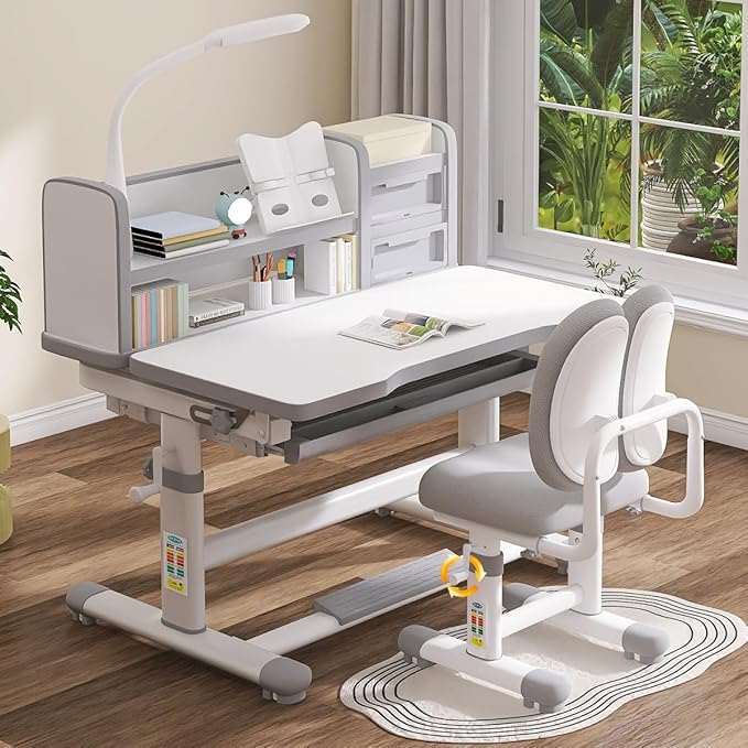 Kids Functional Study Desk and Chair Sets Ergonomic Height Adjustable Children School Study Desk 3-18 Years Boy and Girl Study Table and Chair Set with Tilt Desktop,LED Light for Reading,Writing