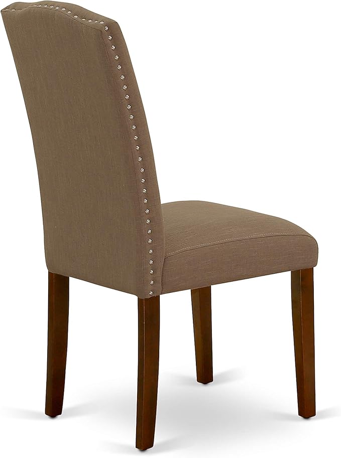 East West Furniture ESEN3-MAH-18 3 Piece Dinette Set for Small Spaces Contains a Round Dining Table with Pedestal and 2 Dark Coffee Linen Fabric Upholstered Chairs, 30x30 Inch, Mahogany