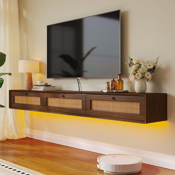 Fully-Assembled Floating TV Stand with 3 Rattan Doors, Rustic Floating Entertainment Center Under TV Shelf, Modern Large Storage Wall Mounted Media Console for Living Room Bedroom 78IN