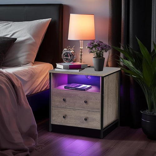 27 Inch Wide Night Stand, Lrage Wood Night Stand Set 2 with 2 Drawers, LED Nightstand with Charging Station and Adjustable Drawer, Bedside Table for Living Room/Bedroom/Study/Office, Gray.