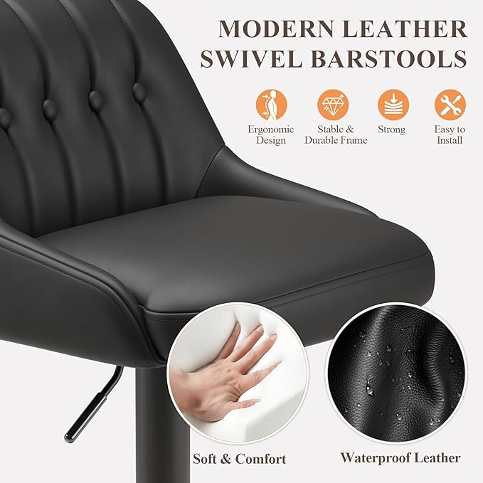 Bar Stools Set of 4, Swivel Bar Chairs, Modern Adjustable PU Leather Upholstered Barstools Counter Height with Tufted Back for Bar, Kitchen Counter Island, Dining Room, Black