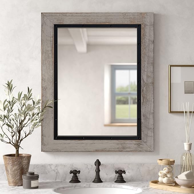 YOSHOOT Rustic Wooden Framed Wall Mirror, Natural Wood and Iron Bathroom Vanity Mirror for Farmhouse Decor, Vertical or Horizontal Hanging, 53" x 28", Grey