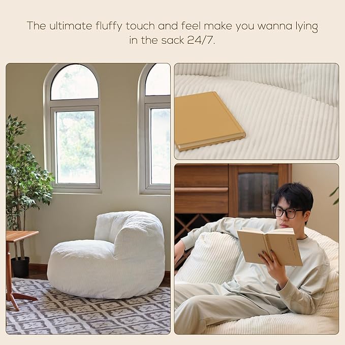 N&V Large Crescent Bean Bag Chair, Adult Size Bean Bag Sack, Foam Filling, Soft Premium Corduroy Bean Bag for Living Room Bedroom Dorm and Office (Harbour Gray)