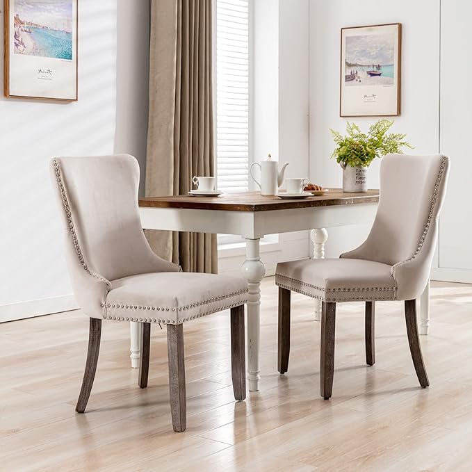 PacknWood Acosure Set of 2 Velvet Upholstered Wing-Back Dining Chair with Backstitching Nailhead Trim,Exquisite Furniture Stool W/Wood Legs,for Kitchen,Sitting Room,Beige