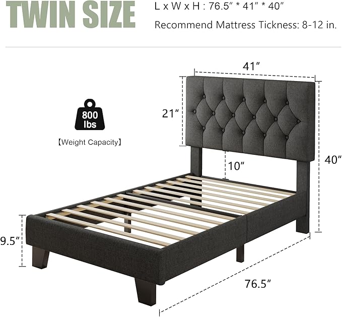 Feonase Twin Platform Bed Frame with Button Tufted Headboard, Upholstered Linen Bed with Wooden Slats Support, No Box Spring Needed, Noise-Free, Easy Assembly, Dark Grey