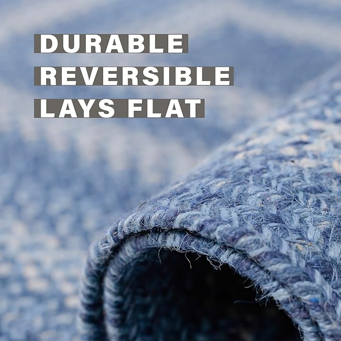 Denim Blue Small Braided Rugs, 2x3' Rectangle - Handmade with Jute, Coastal Country Decor, Perfect for Laundry Rooms, Bathrooms and Entryways - Durable and Easy to Clean
