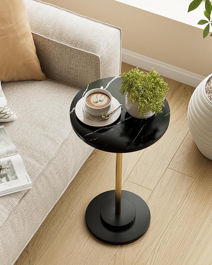 Round Side Table, Small Drink Table for Small Spaces, Modern Accent End Table Coffee Table with Metal Leg for Living Room, Bedroom, Corners, and Office (Black Marble)