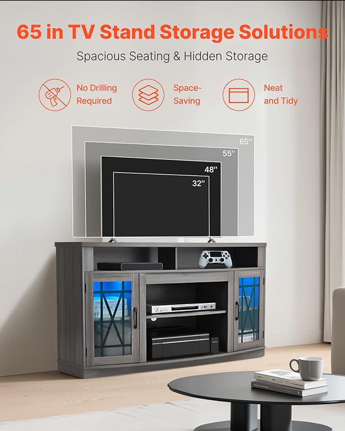 VEVOR TV Stand for TVs up to 65 inch, Farmhouse Entertainment Center with Light Strip, Wooden TV Cabinet Storage with Glass Doors and Adjustable Shelves, Console Table for Living Room, Bedroom, Gray