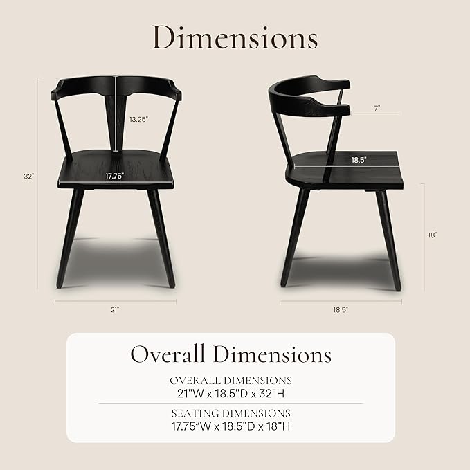 POLY & BARK Mid Century Modern Enzo Black Dining Chair – Solid Oak Wood Splat Back Chair, 18" Seat Height, 32" Tall – Stylish MCM Kitchen & Dining Room Chair - Set of 3