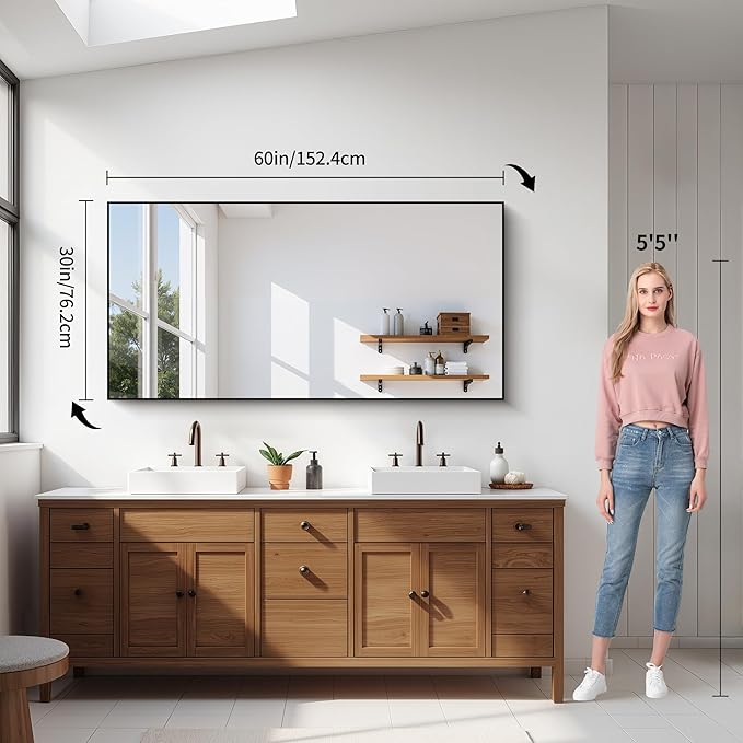 YIROMAN Bathroom Mirror 60"x30", Large Matte Black Bathroom Mirror for Over Sink with Aluminum Frame, Rectangular Vanity Mirror with Right Angle, Wall Mirror Hangs Horizontal or Vertical, Shatterproof