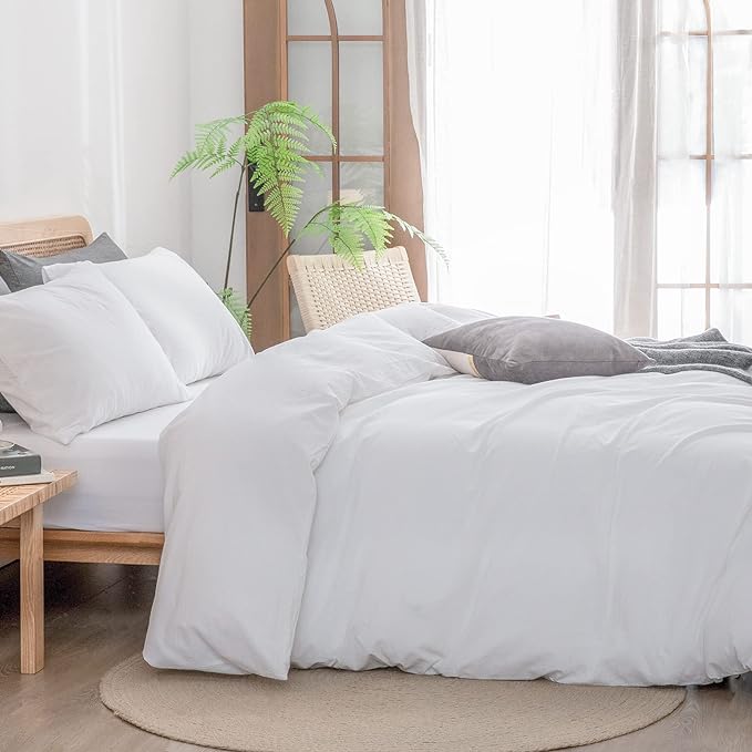 BESTOUCH Duvet Cover Set 100% Washed Cotton Linen Feel Super Soft Comfortable Chic Lightweight 3 PCs Home Bedding Set Solid Bright White King