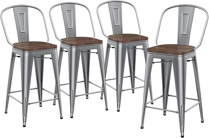 Yongqiang 26 inch Bar Stools Set of 4 Kitchen Counter Height Bar Chairs High Back Silver Metal Barstools with Large Wooden Seat