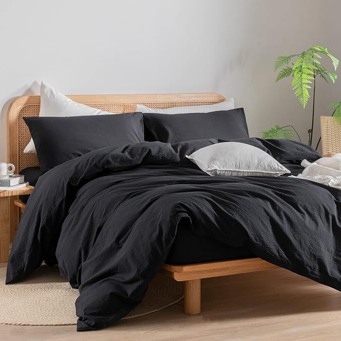 BESTOUCH Duvet Cover Set 100% Washed Cotton Linen Feel Super Soft Comfortable Chic Lightweight 3 PCs Home Bedding Set Solid Deep Black Super Queen