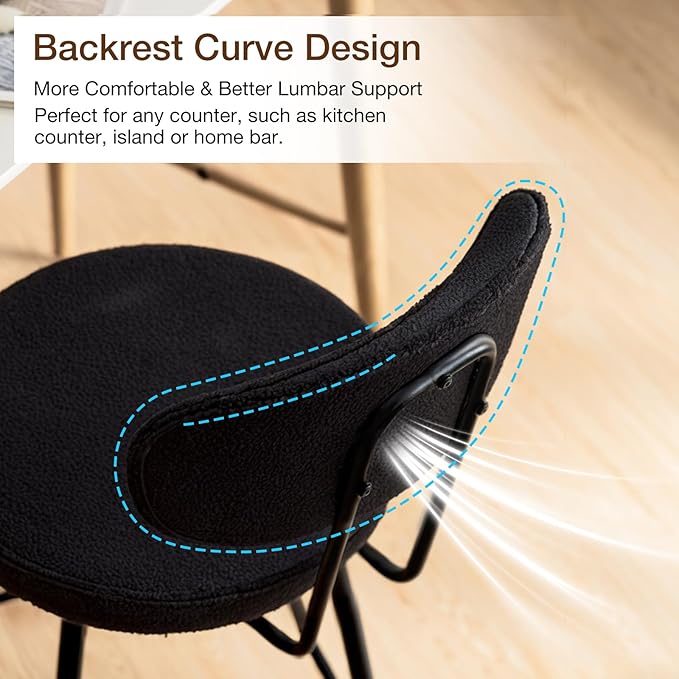 HOMMPA Counter Height Swivel Bar Stools Set of 2 Boucle Barstools 26'' Upholstered Modern Counter Barstools with Back Metal Legs Bar Stools Chairs for Kitchen Counter Island Black