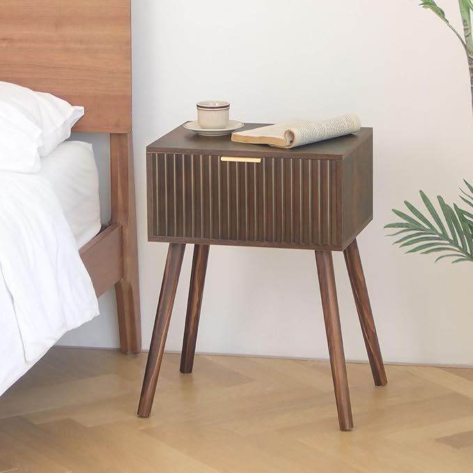 Mid Century Modern Nightstand, Small End Tables Living Room, Accent Bedside Table with Drawer for Bedroom and Small Space, Rustic Brown