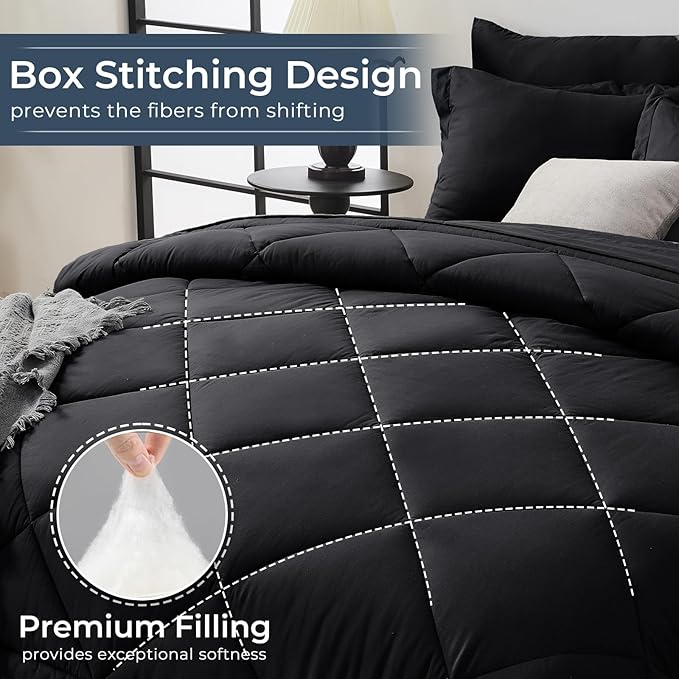 HEVUMYI Black Cali-King Comforter Set - 7-Piece All Season Bed in a Bag Cali-King, Ultra Soft Bedding Set with Comforter, Flat Sheet, Fitted Sheet, Pillowcases, Pillow Shams, Black