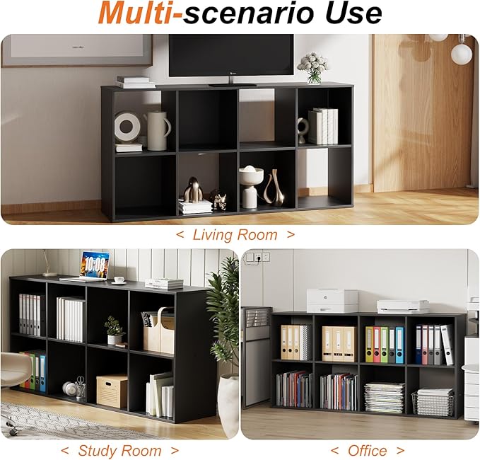 Sweetcrispy 8 Cube Storage Organizer - Open Cube Bookshelf with 4 Removable Back Panels, Display Storage Bookcase for Living Room, Bedroom, Entrance Hall, Home Office，47.7"L×11.6" W×24"H, Drak Black