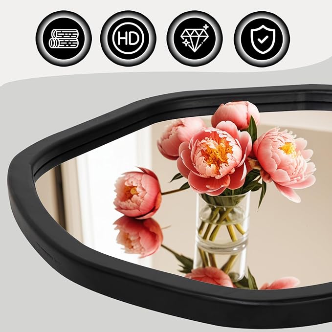 ULIKE Round Wood Mirror 24 Inch Circle Wall Mirror, Asymmetrical Bathroom Vanity Mirror with Wood Frame, Decorative Wall Mounted Mirror for Bedroom, Living Room, Entryway, Black