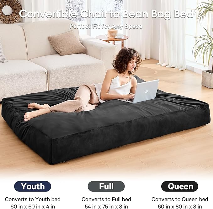 Bean Bag Chairs for Adults - Giant Bean Bag Chair Convertible Bean Bag Bed - Beanbag Chair with Micro Fiber Cover/Furniture Foam Filler - Floor Couch Sofa in Bedroom Dorm Room - Queen Carbon Black