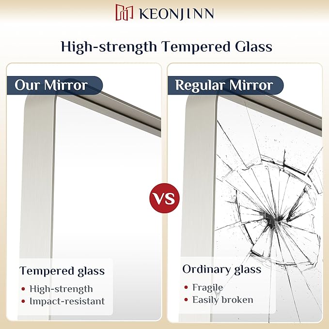Keonjinn 42 x 20 Inch Brushed Nickel Bathroom Mirrors for Over Sink, Rounded Rectangle Silver Bathroom Vanity Mirror, Metal Framed Farmhouse Mirror for Wall, HD Tempered Glass(Horizontal/Vertical)