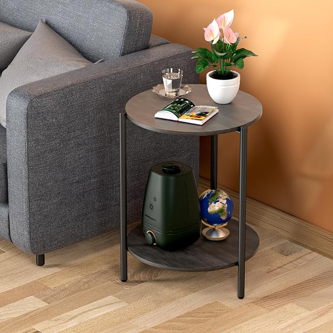 Round Side Table, 2-Tier Circle End Tables with Storage Wood Rustic 15.75" Small End Tables Farmhouse Side Table for Living Room Bedroom Balcony Small Spaces - Grey