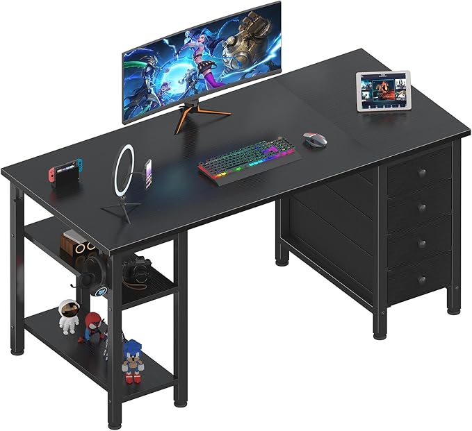 Lufeiya Gaming Desk with 4 Fabric Drawers & Storage Shelves, 47 inch Computer Writing Work Study Desk for Home Office Bedroom, Modern Simple Student PC Desks Table, Black
