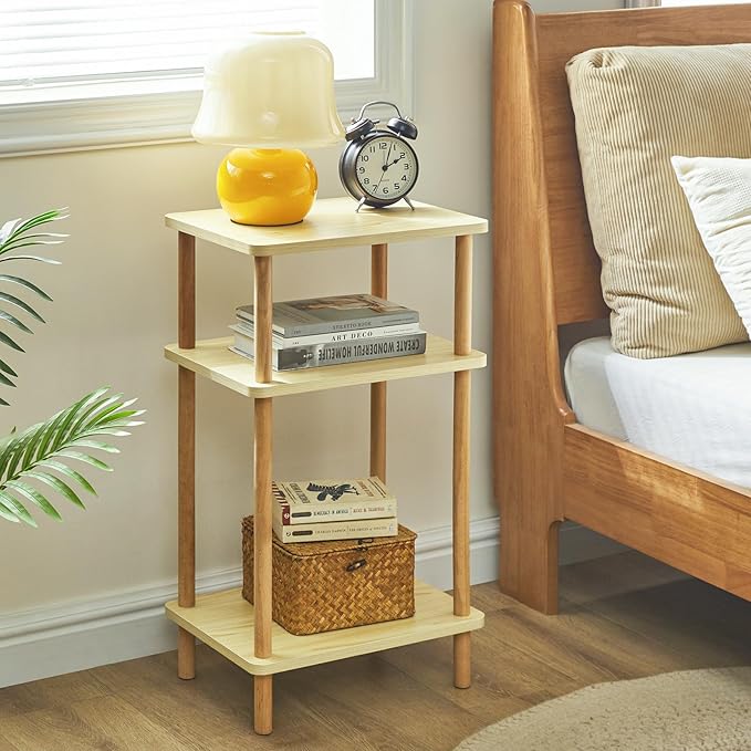 IBUYKE 3-Tier Side Table, Solid Wood Tall End Table with Storage Shelves, Nightstand Bedside Table for Living Room Bedroom Office, No-Tool Assembly, Light Natural UWST003S
