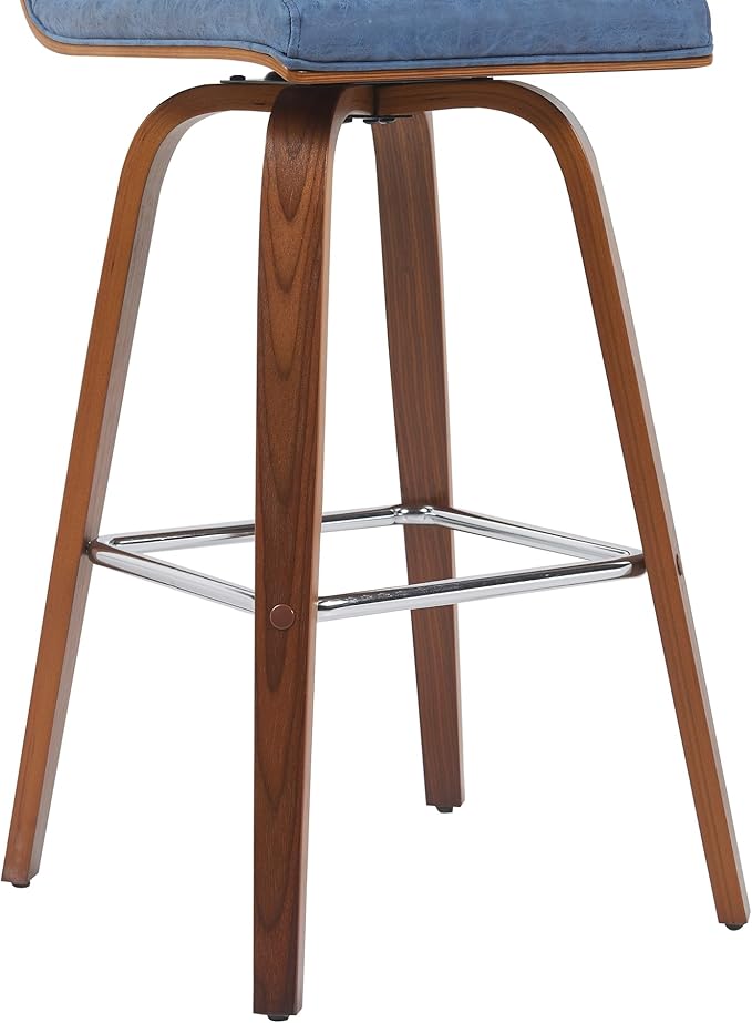 Armen Living Vienna Modern Swivel 30" Bar Height Barstool with Vintage Blue Faux Leather and Walnut Wood Finish