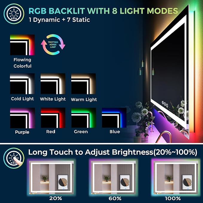 24x32 Inch RGB LED Bathroom Mirror Front Light and RGB Backlit Lighted Vanity Mirror for Bathroom Wall Mounted Dimmable Anti Fog Memory Shatter-Proof IP54 Waterproof Horizontal/Vertical