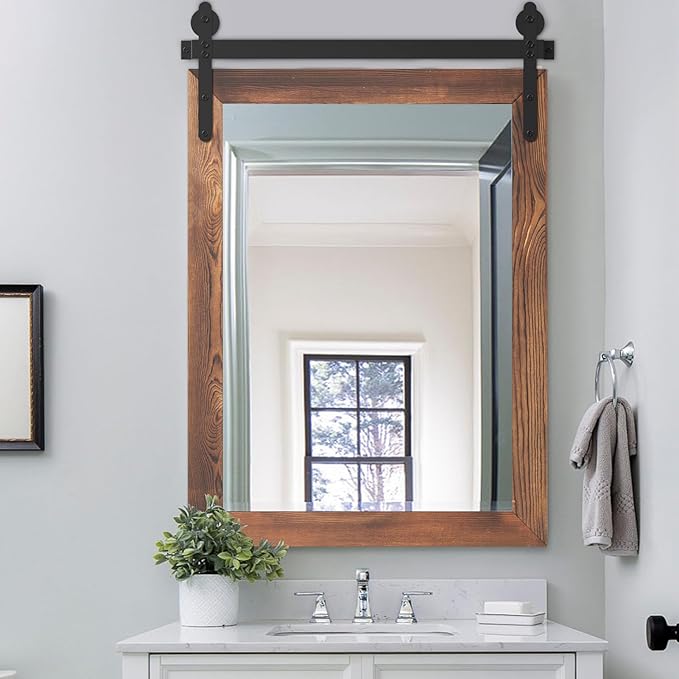 YOSHOOT Farmhouse Barn Door Mirror, 32"x24" Rustic Wood Framed Wall Mirror, Wall Mounted Vintage Mirror, Wooden Farmhouse Style for Bathroom Living Room Entryway, Brown, Vertical Hanging ONLY
