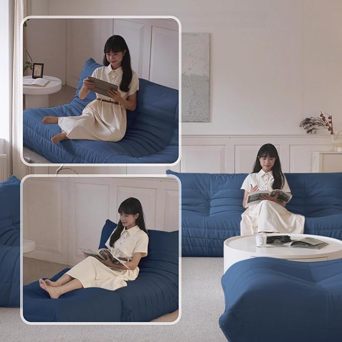 Luxury Sofa Couch Chair, Lazy Floor Seating, Fireside Bean Bag Chair, Ergonomic Tatami Sofa Lounger for Living Room, Bedroom, Office, Loveseat, Blue