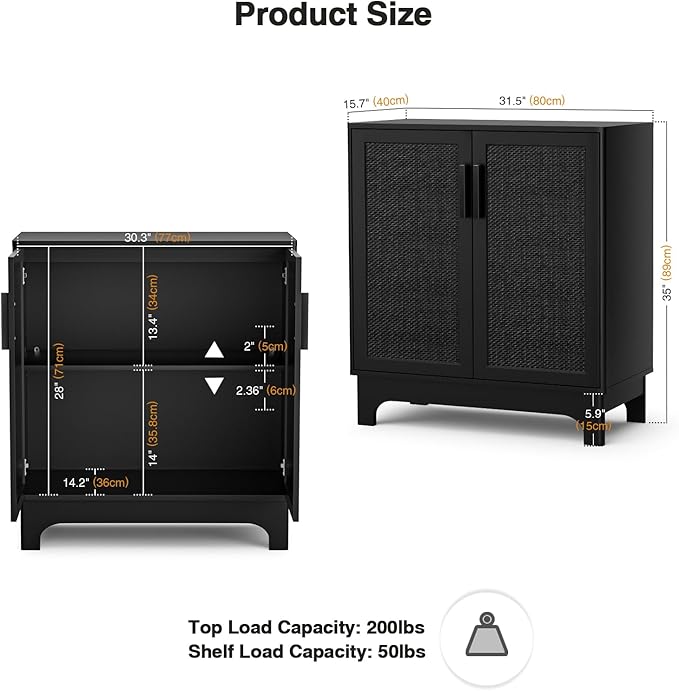 Black Rattan Cabinet, Natural Rattan Storage Cabinet with 2 Doors Adjustable Shelf Large Space Entryway Hallway Sideboard Buffet for Living Room Kitchen