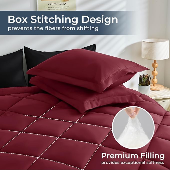 HEVUMYI Red & Black Twin-XL Comforter Set - 5-Piece All Season Bed in a Bag Twin-XL, Ultra Soft Bedding Set with Burgundy Comforter, Flat Sheet, Fitted Sheet, Pillowcases, Pillow Shams