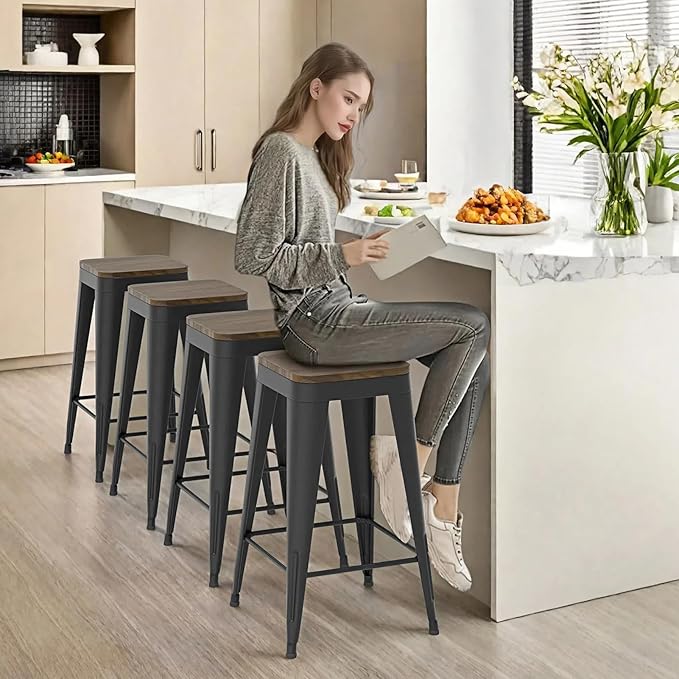 30 inch Backless Bar Stools Set of 4, Indoor Metal Bar Stools with Wood Seat, Industrial Counter Height Barstools for Kitchen Island, Black
