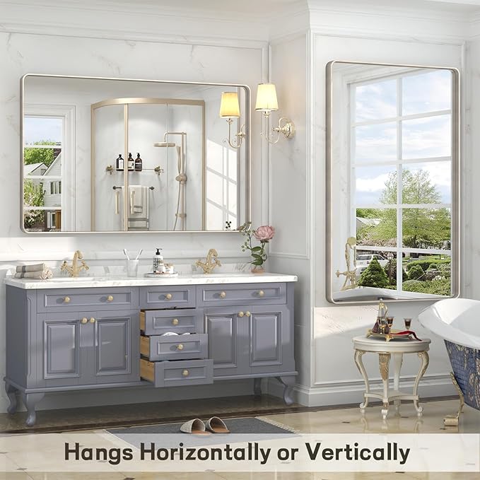 55x36 Inch Brushed Nickel Bathroom Mirror, Large Brushed Silver Metal Framed Wall Mirror, Rounded Corner Rectangle Modern Vanity Mirror, Tempered Glass, Anti-Rust, Shatterproof (Horizontal/Vertical)