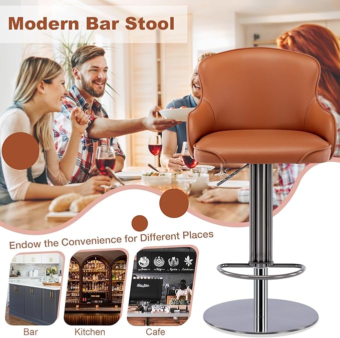 CozyRain Bar Stools Adjustable Stainless Steel Swivel Barstool with Back and Footrest,Modern Leather Upholstered Bar Chairs for Home,Kitchen,Bar, Counter Orange/Grey (2pcs Brown)