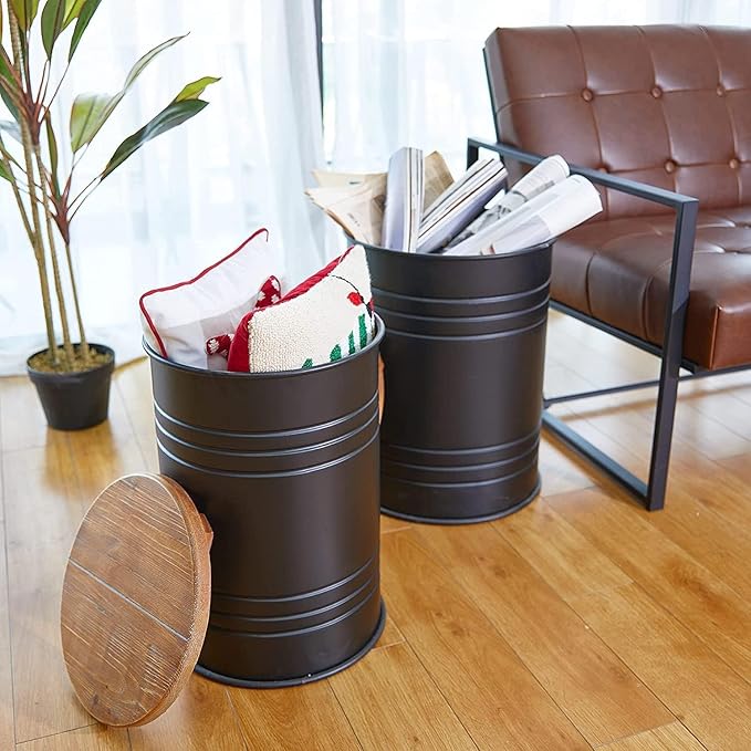 Glitzhome Farmhouse Accent Side Table, Metal Storage Stool Ottoman with Round Lid - Galvanized Coffee Cocktail End Tables Set of 2 for Living Room Bedroom, Black