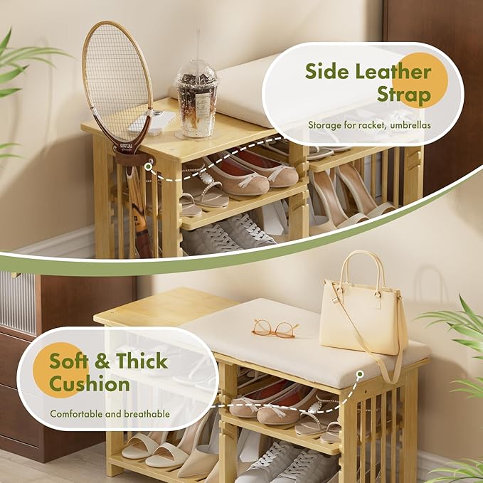 Amazer Bamboo Shoe Rack Bench, 3-Tier Shoe Bench Height Adjustable, Entry Bench with Side Storage Strap, Shoes Organizer Storage Bench, Shoe Shelf with Seat Cushion for Entryway, Living Room, Hallway