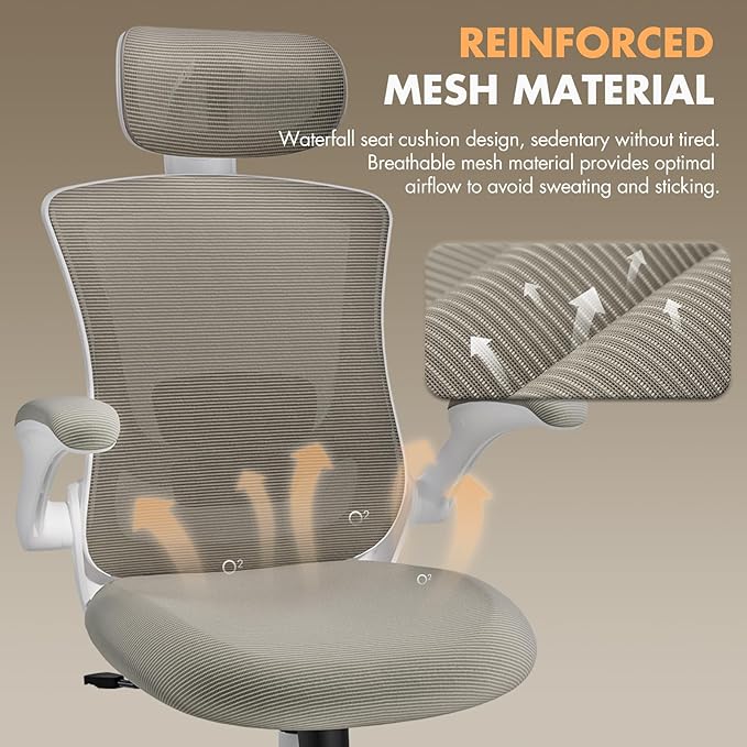 Ergonomic Office Chair with Adjustable Lumbar Support & Headrest, High Back Mesh Desk Chair with Flip-Up Armrests, Breathable & Comfortable Computer Chair for Home, Office & Study –Khaki