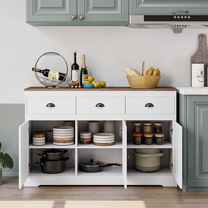 Keyluv White Buffet Cabinet Storage Sideboard Farmhouse Server Bar Wine Cabinet with 3 Drawers & 3 Doors Adjustable Shelves Console Table for Dining Living Room Kitchen Cupboard