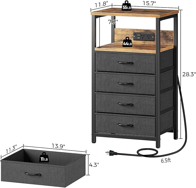 Seventable Night Stand with Charging Station, Tall Nightstand with 4 Fabric Storage Drawers, Side Table with LED Light for Bedroom, Entryway, Rustic Brown