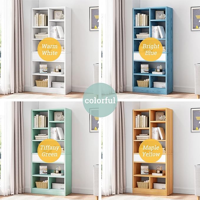 IOTXY Wooden Open Shelf Bookcase - 71 Inches Tall Freestanding Display Storage Cabinet Organizer with 10 Cubes and a Drawer, Floor Standing Bookshelf in Maple Yellow
