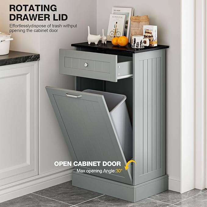 GAZHOME 10 Gallon Tilt Out Trash Cabinet, Upgrade Wooden Free Standing Recyclin Trash Cabinet with Hideaway Drawer(Gray)