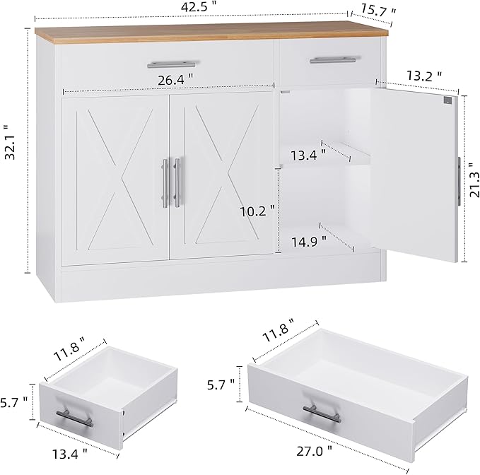 Shintenchi Modern Farmhouse Sideboard Buffet Cabinet with Storage with 3 Doors,42" Barn Doors Buffet Cabinet with Storage, Wood Coffee Bar Cabinet with Adjustable Shelf for Kitchen Living Room,White