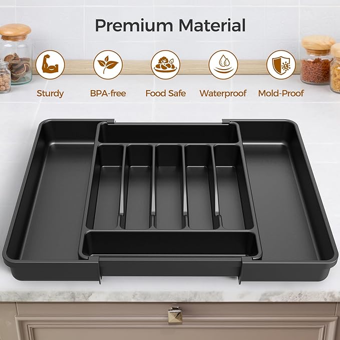 Extra Large Expandable Silverware Organizer, BPA-Free Food-Safe Cutlery Flatware Organizer, Kitchen Utensil Drawer Organizer, Adjustable Silverware Holder for Spoons Forks Knives, Black